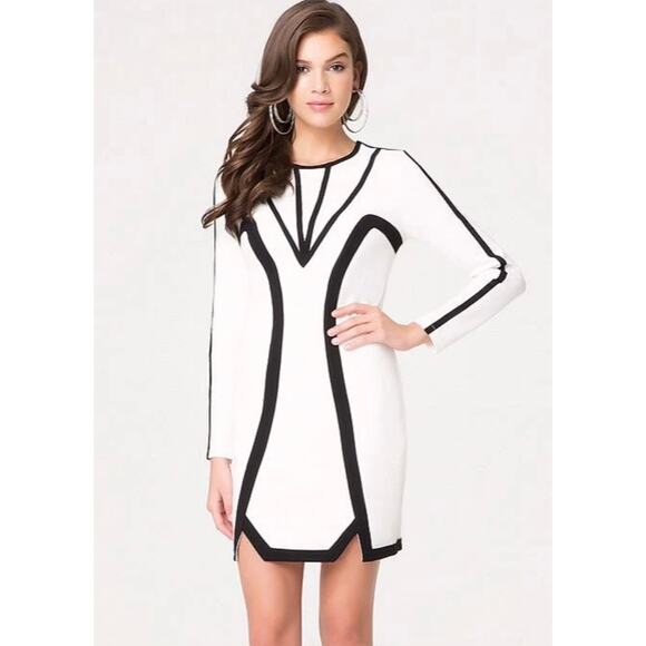 Bebe Black and Ivory Colorblock Long Sleeve Dress Size Medium - Picture 1 of 7
